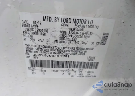 2013 Lincoln Mkx from USA, damaged, VIN 2LMDJ8JK1DBL11583